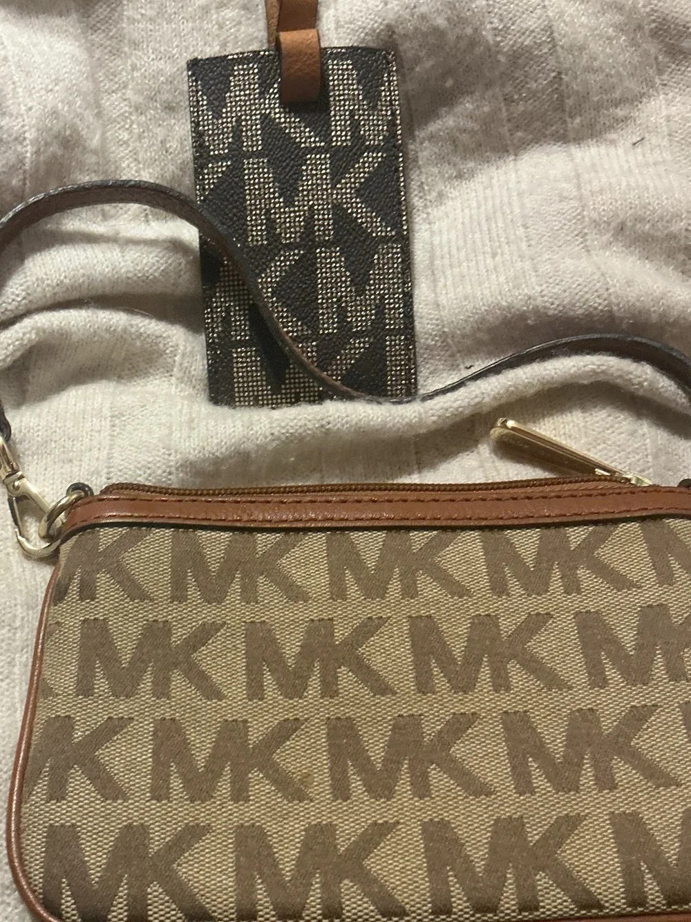 Michael Kors Tan and Brown MK Logo wristlet and luggage tag